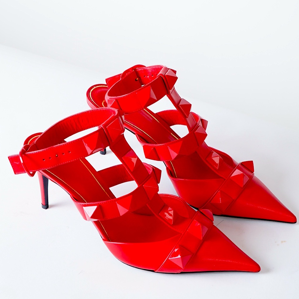 Valentino Garavani Red Leather Rockstud Slingback Sandals